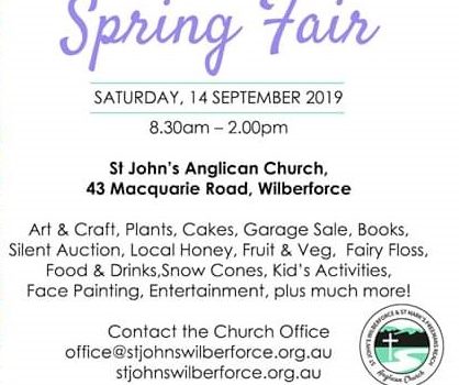 Reminder: Spring Fair Art & Craft Show at St John’s Anglican Church Wilberforce – Saturday 14th September 2019